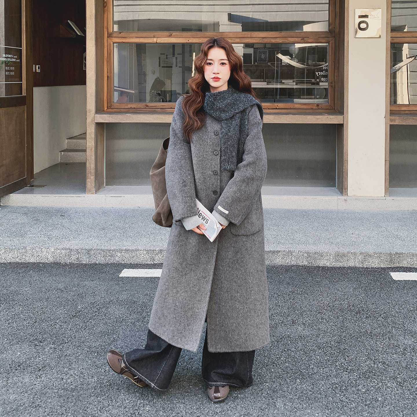 简约高级感双面呢羊毛大衣女2025冬季日系慵懒风宽松长款毛呢外套,女装毛呢外套,2C077