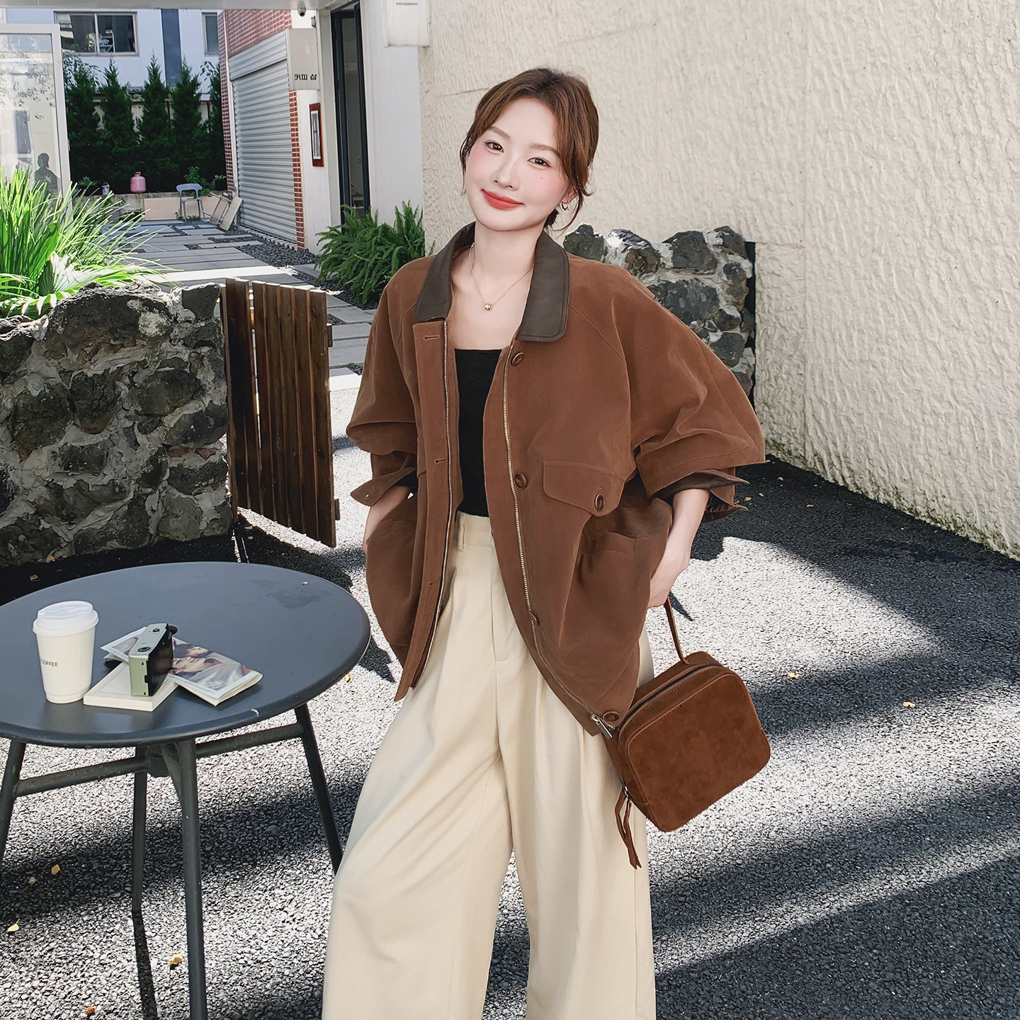 咖色复古廓形外套女2025秋季新款韩版宽松网红炸街小个子休闲夹克图片