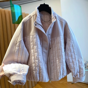 韩版巨好看毛呢拼接棉服女轻薄2026秋冬新款宽松洋气轻薄夹棉外套