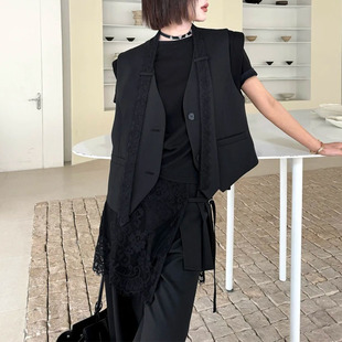 百搭领带设计外穿无袖 气质高级感蕾丝拼接上衣时尚 马甲女 新款 春季