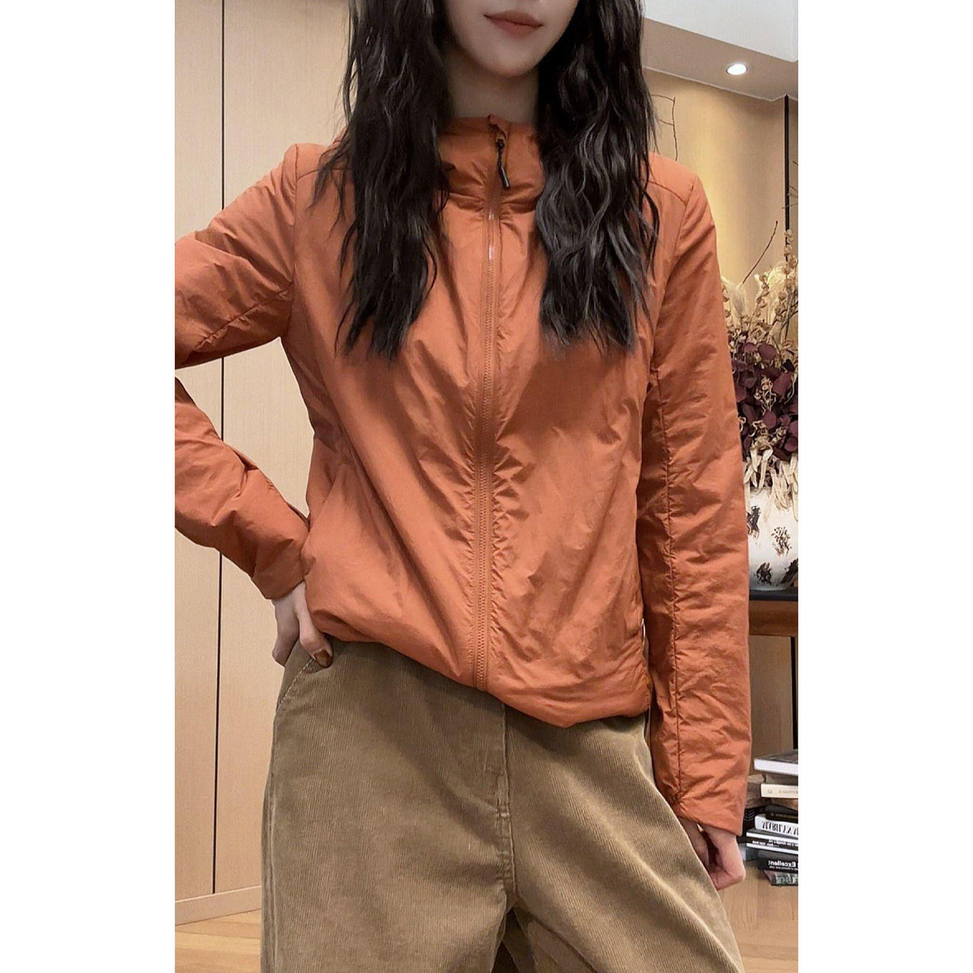 时尚宽松棉衣外套女柿子橘轻薄棉服2026秋季新款显瘦百搭连帽上衣