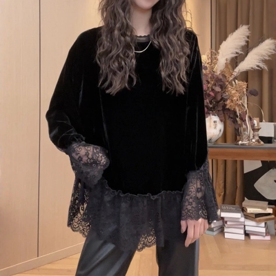 早春新款设计感蕾丝拼接丝绒上衣