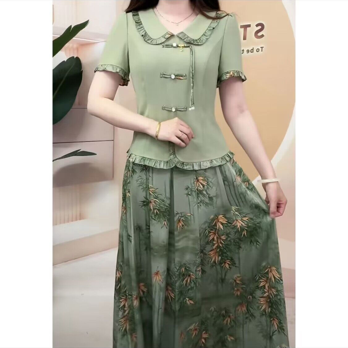 短袖上衣半身裙两件套装女