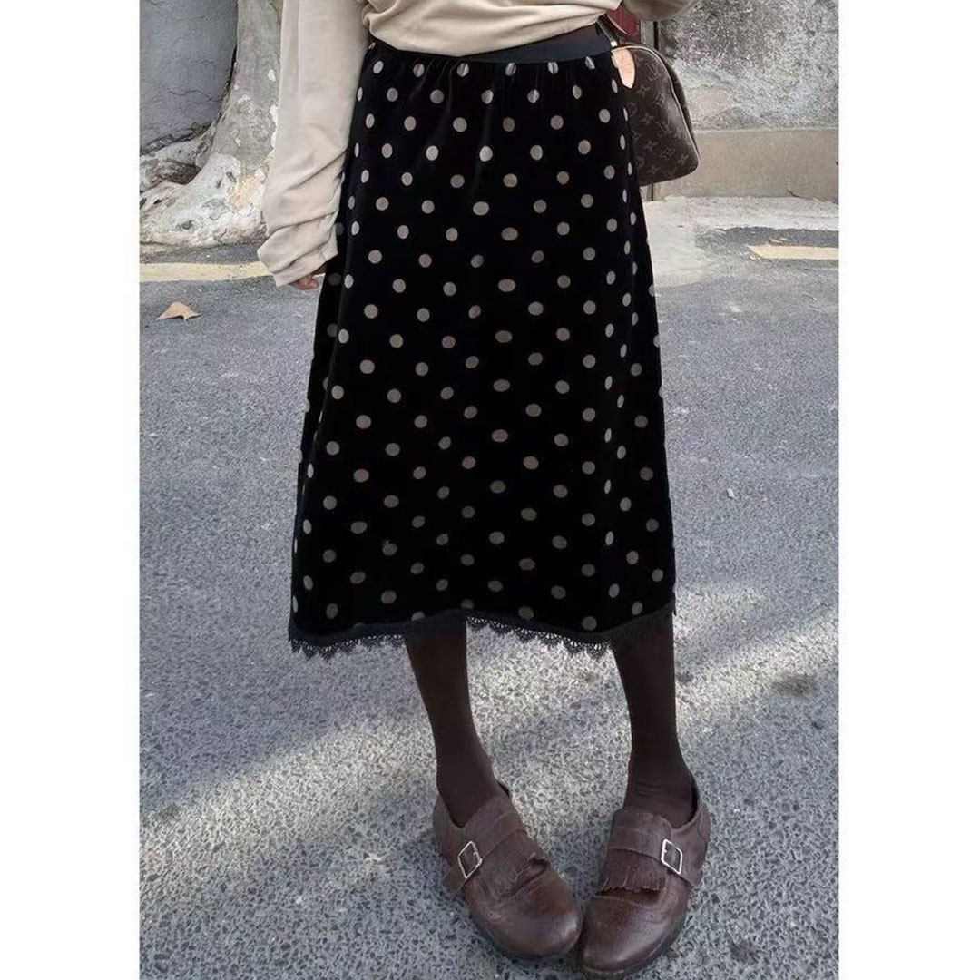 2026春季新款洋气蕾丝拼接百搭中长裙时尚复古波点显瘦丝绒半身裙,女装/女士精品,半身裙,淘宝优惠券,粉丝福利购,淘宝优惠卷