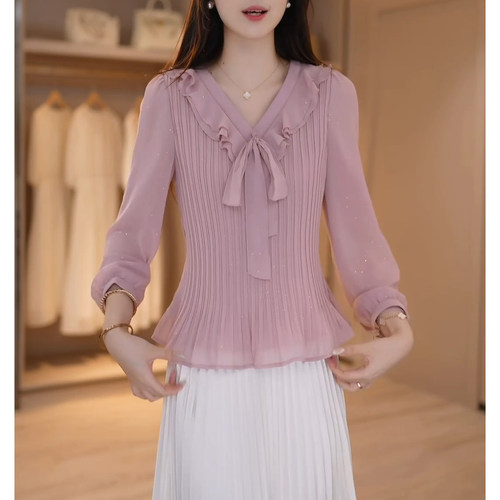 秋季新款花边设计感V领衬衫上衣