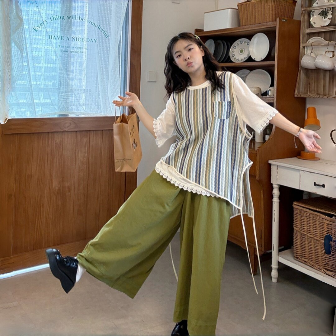 大码女装胖mm复古日系百搭花边T恤网背心罩衫花边裤套装叠穿显瘦