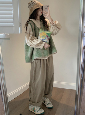大码女装胖mm炸街显瘦三件套娃娃领衬衫+绿色针织马甲+宽松肥腿裤