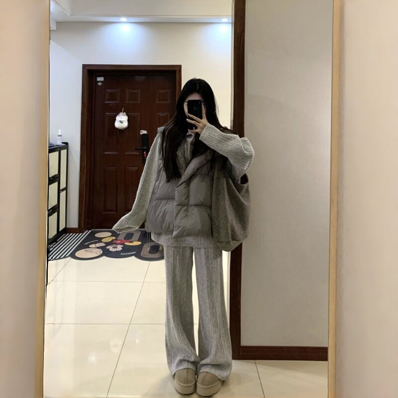 大码女装秋冬装搭配一整套复古马甲外套叠穿针织毛衣拖地裤三件套