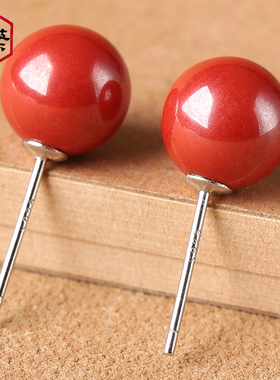 帝王砂朱砂散珠素面s925纯银耳钉女妈妈款耳饰感红色耳环复古饰品