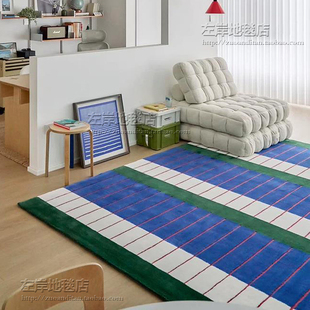 蓝色条纹复古多巴胺分贝地毯客厅茶几卧室床边书房衣帽间手工地毯