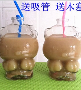 无铅玻璃350ml奶茶瓶、猫型玻璃瓶 饮料瓶、木塞许愿瓶、漂流瓶