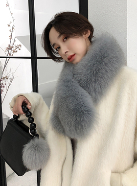 CENCY整皮狐狸毛围巾女配毛球 秋冬季休闲百搭保暖皮草大围脖毛领