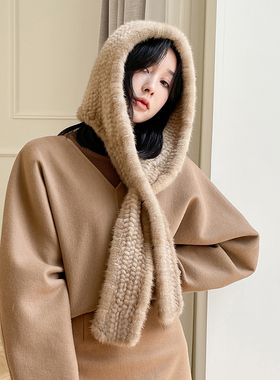 CENCY风雪帽~水貂毛双面编织皮草围巾帽子一体户外保暖围巾帽冬天