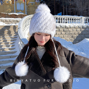 CENCY 冬季女士水貂毛皮草帽子狐狸毛球球真毛护耳可爱显脸小帽子