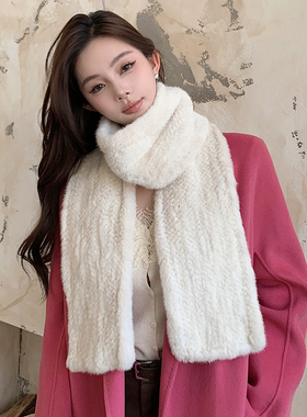 水貂毛编织皮草围巾 秋冬长款貂皮毛领保暖大围脖披肩小母貂围巾