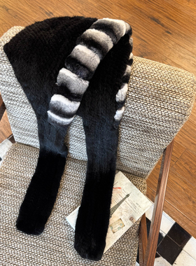 水貂毛配獭兔毛青紫蓝色帽檐风雪帽子女士皮草围巾帽一体户外保暖