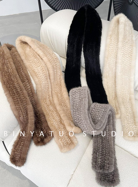 CENCY 水貂毛编织皮草长款围巾 经典黑色女士裘皮围脖冬季保暖