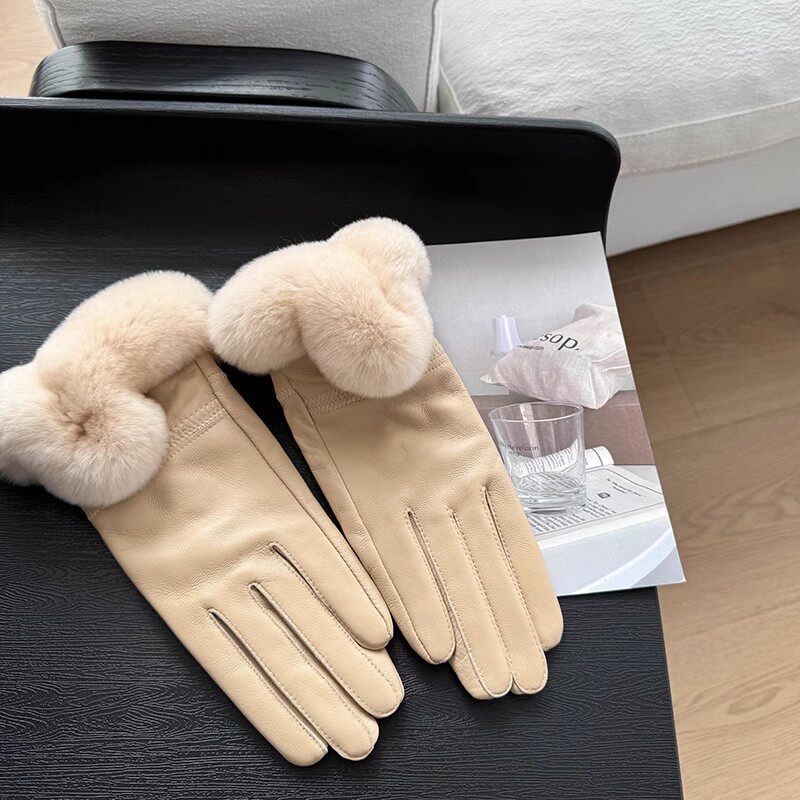 冬季保暖加绒小羊皮手套韩国獭兔毛手套可爱绵羊皮真皮女士皮手套