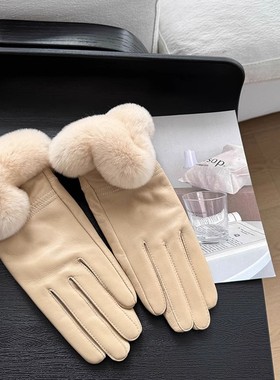 冬季保暖加绒小羊皮手套韩国獭兔毛手套可爱绵羊皮真皮女士皮手套