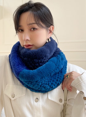 獭兔毛编织双面皮草围巾拼色高级感蓝色软糯真皮草保暖大围脖女