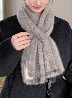 水貂毛编织中长款气质皮草围巾双面貂毛气质百搭围脖蓝宝石色