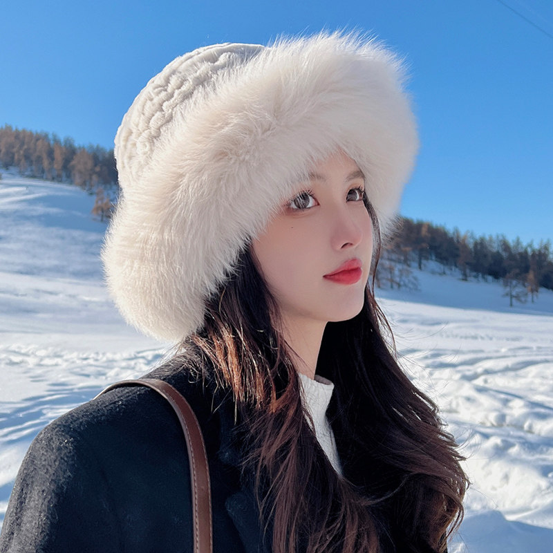 獭兔毛帽子女配狐狸毛潮秋冬季渔夫帽气质百搭皮草帽子盆帽显脸小