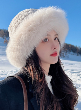獭兔毛帽子女配狐狸毛潮秋冬季渔夫帽气质百搭皮草帽子盆帽显脸小