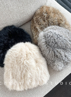 CENCY 百搭兔毛皮草帽子 草兔毛双面编织冬季女孩护耳真毛保暖帽