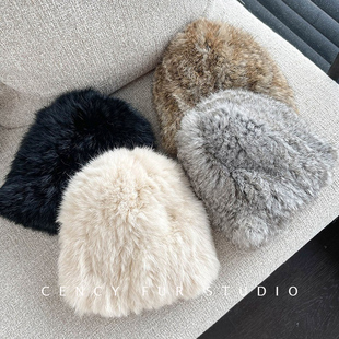 CENCY 百搭兔毛皮草帽子 草兔毛双面编织冬季女孩护耳真毛保暖帽