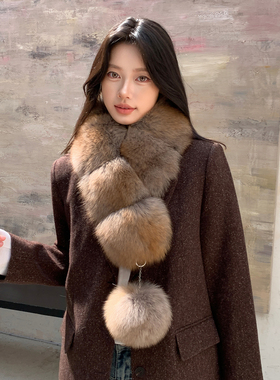仿紫貂色狐狸毛长款大毛球围巾 獭兔毛内里冬季保暖气质皮草围脖