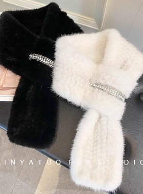 真皮毛围巾 冬季保暖气质小众水貂毛双面编织十字貂围脖皮草围巾