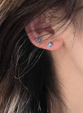 蓝色钻耳钉S女925纯银耳针防过敏气质百搭小众设计感高级轻奢耳饰