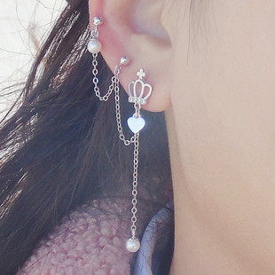 原创一体耳环S925纯银双耳洞镶钻蝴蝶结连四爪淑女耳钉三耳洞连体