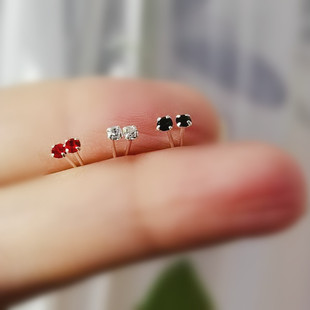 养耳洞闪亮小耳钉通体纯银2mm黑白红钻细耳针925银耳棒套系防密封