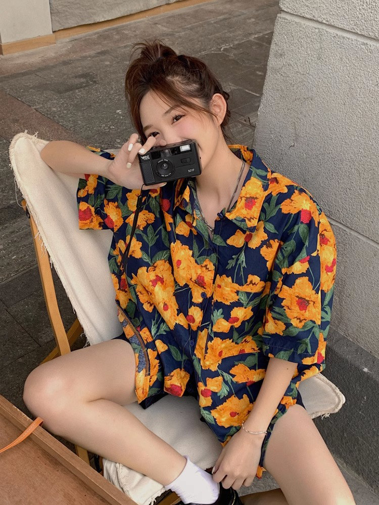 레트로 홍콩 스타일 3인 가족 여행 친자복 하와이안 루즈 쉬폰 해변 휴가 해변 모자 셔츠
