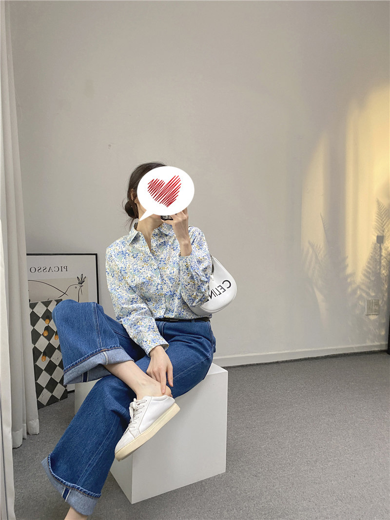 清新蓝色系碎花长袖宽松衬衫女上衣英国小众风格进口纯棉春夏新款