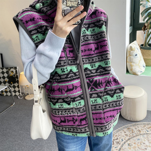 复古腔调北欧费尔岛双面柔肌理感摇粒绒3季可穿连帽拉链马甲女