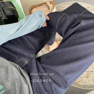 BC不褪色靛蓝高腰直筒原色牛仔裤女深色系明线口袋显瘦九分裤