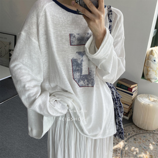 T恤女打底上衣罩衫 数字5印花撞色切边设计慵懒宽松防晒衫 长袖
