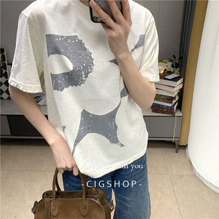 tee T恤女春夏新款 芬兰小众风格 抽象艺术印花纯棉点子纱宽松短袖