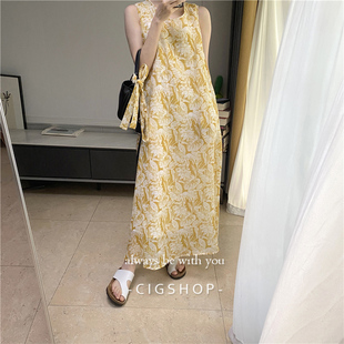 轻盈优雅100苎麻艺术印花背心裙 裙子 休闲度假风碎花连衣裙夏新款