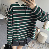 miu风撞色tee 复古运动风彩色条纹polo领宽松长袖 高智风T恤女