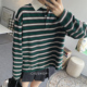 miu风撞色tee 复古运动风彩色条纹polo领宽松长袖 高智风T恤女