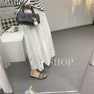 镂空刺绣手工蕾丝花瓣边中长款半身裙春夏法式浪漫白月光A字伞裙