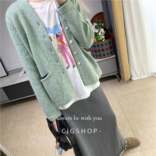 法式复古清新松石绿撞色设计羊毛针织毛衣开衫外套不落俗小众气质