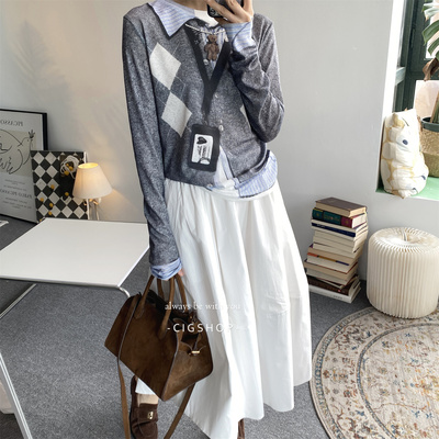 趣味假两件3D印花工牌菱格打底衫