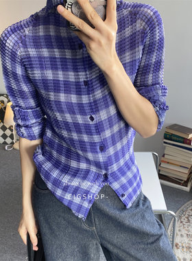 轻薄半透蓝紫格纹春秋款衬衣