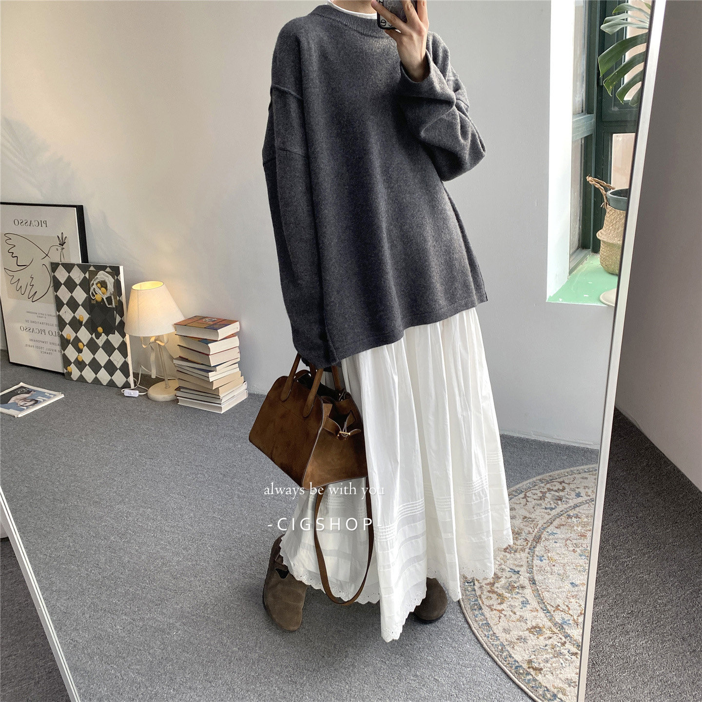烟灰羊毛圆领慵懒松弛感侧开叉拼裁设计宽松阔版毛衣显瘦气质上衣,女装/女士精品,毛衣,淘宝优惠券,粉丝福利购,淘宝优惠卷