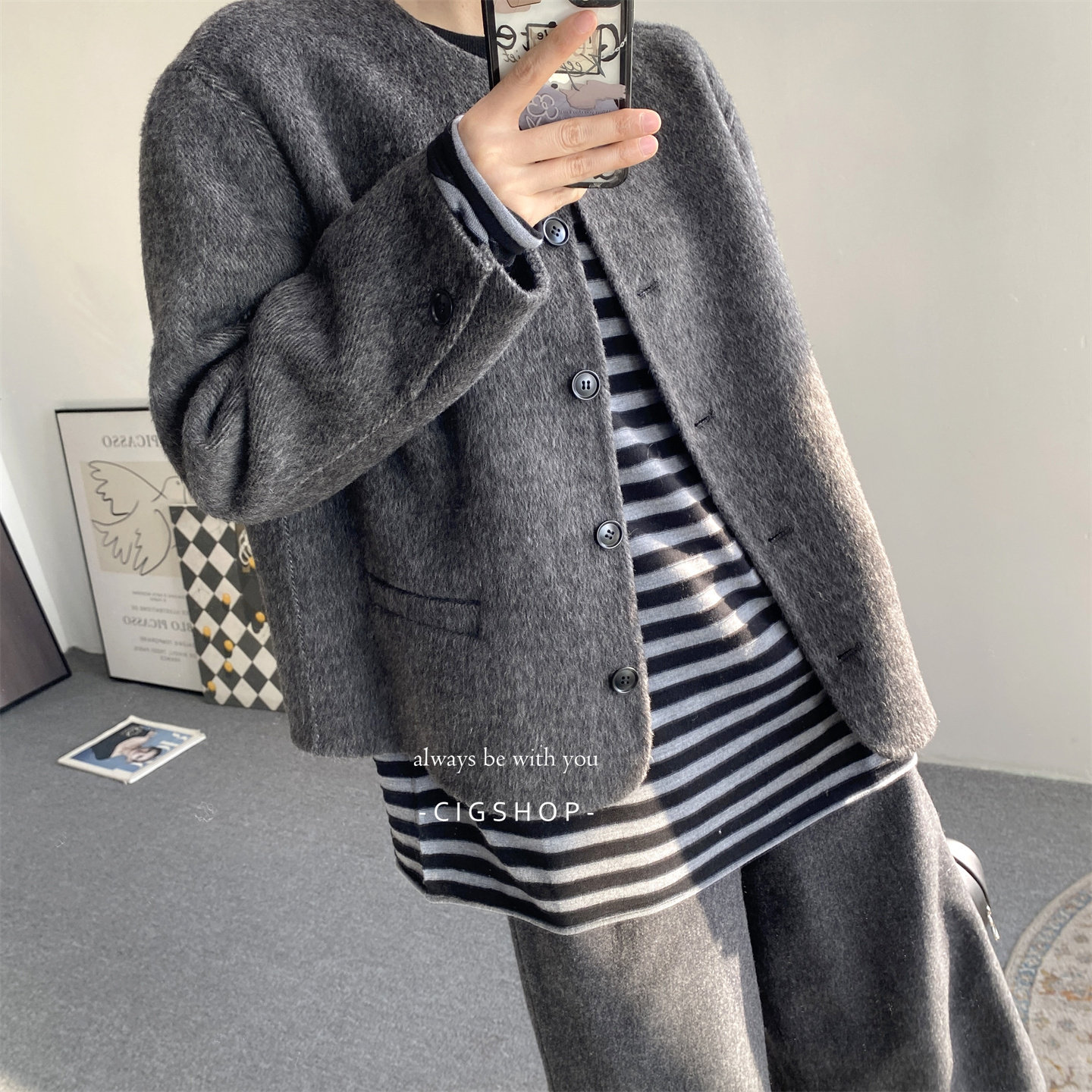 灰色双面呢外套2025冬季新款简约通勤设计感小廓形箱型香风上衣女,女装/女士精品,毛呢外套,淘宝优惠券,粉丝福利购,淘宝优惠卷