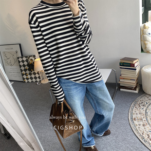 挚爱慵懒舒适日常 上衣女 row超细羊毛立体肌理条纹宽松显瘦针织衫